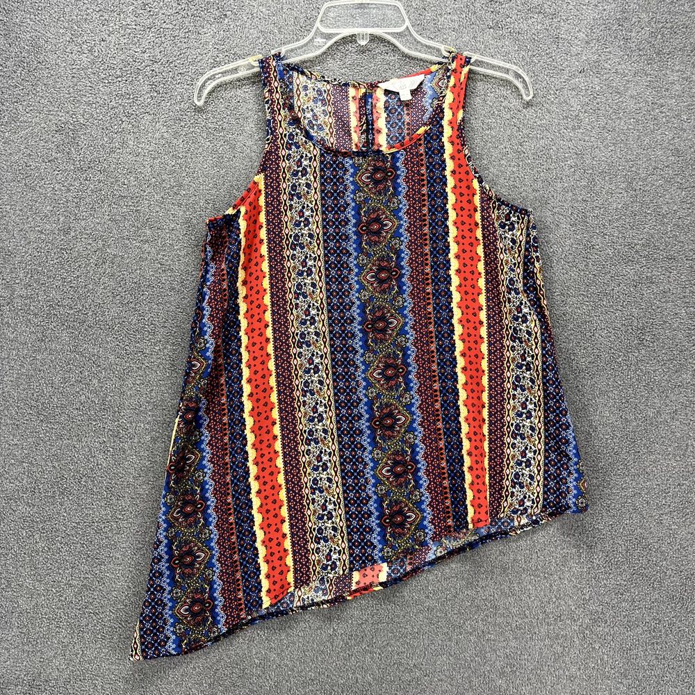 Pink Rose Tank Top Womens Small Blue Red Striped Sleeveless‎ Pullover Asymmetric